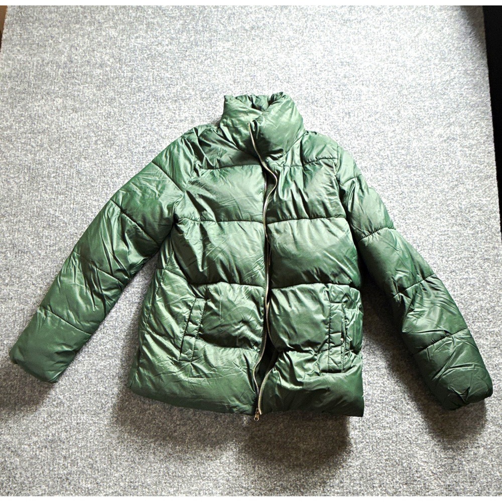 Old Navy Womens Green Quilted Puffer Jacket Full Zip Lined Pockets Long Sleeve M